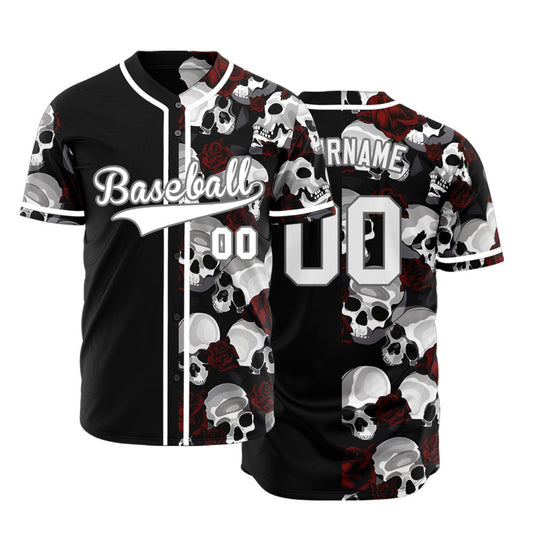 Custom Skull White And Red Half Baseball Jersey