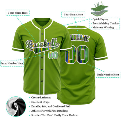 Custom White Blue And Green Ink Baseball Jersey