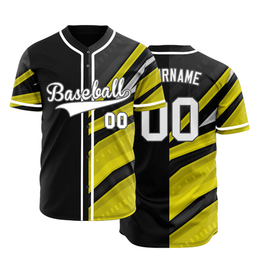 Custom Yellow Black Grey Lines Half Baseball Jersey