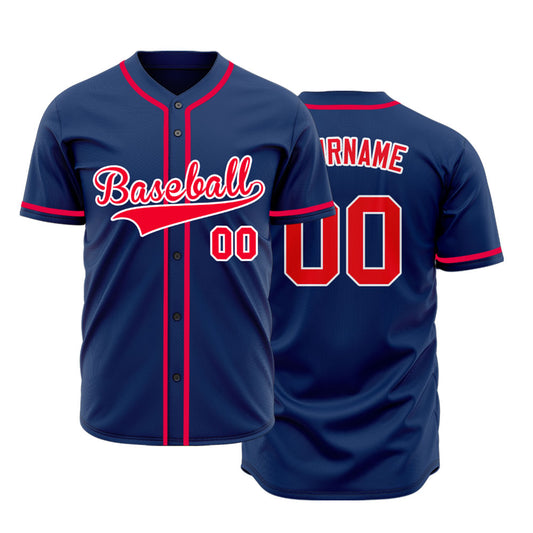 Custom Dark Blue And Red Baseball Jersey