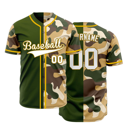 Custom Dark Green Brown Camouflage Half Black Baseball Jersey