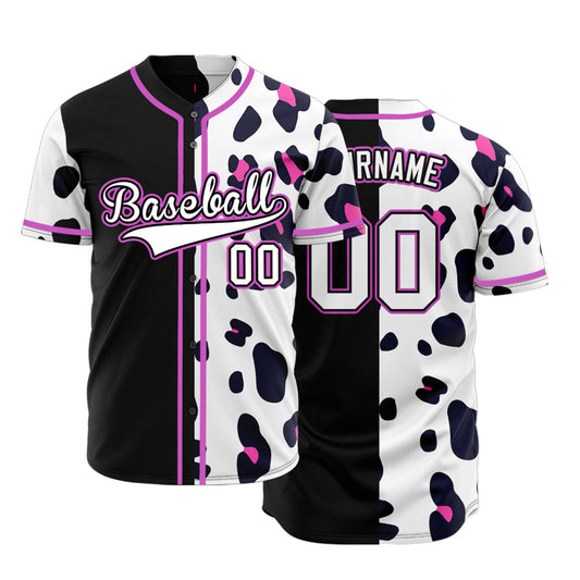 Custom Fuchsia Leopard Half Black Baseball Jersey