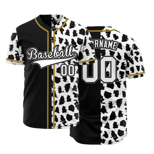 Custom Half Black White Leopard Gold Edge Baseball Jersey