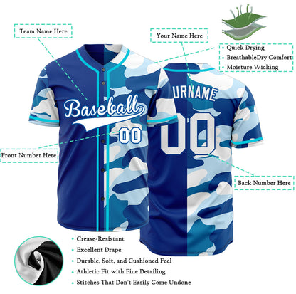 Custom Half Ocean Blue Camouflage Baseball Jersey
