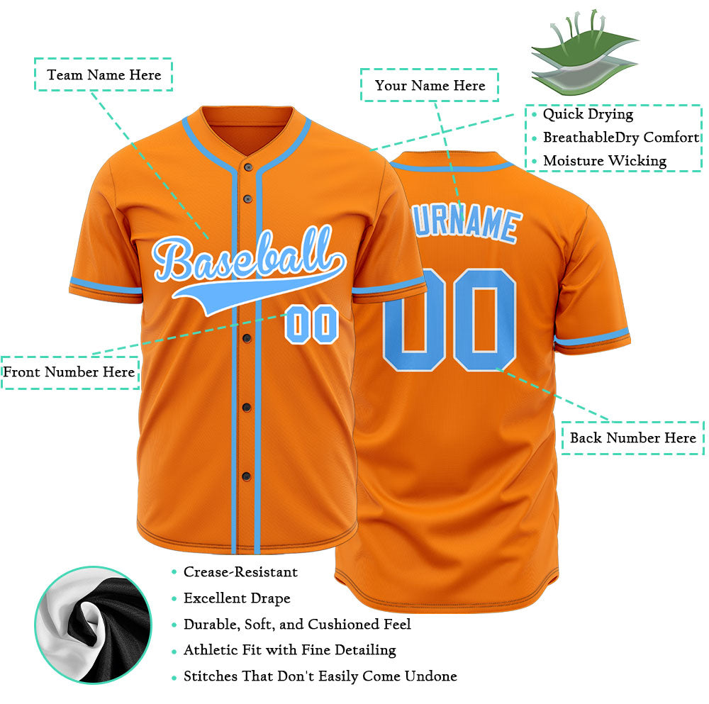Custom Orange And Light Blue Baseball Jersey